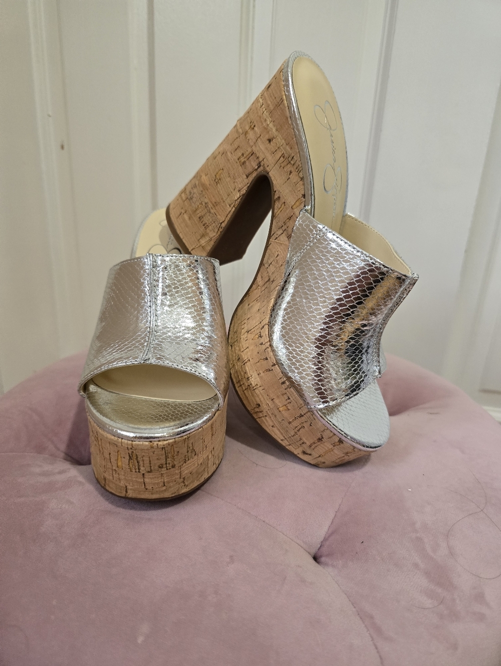 Jessica Simpson Silver Metallic Cork Platform Mules